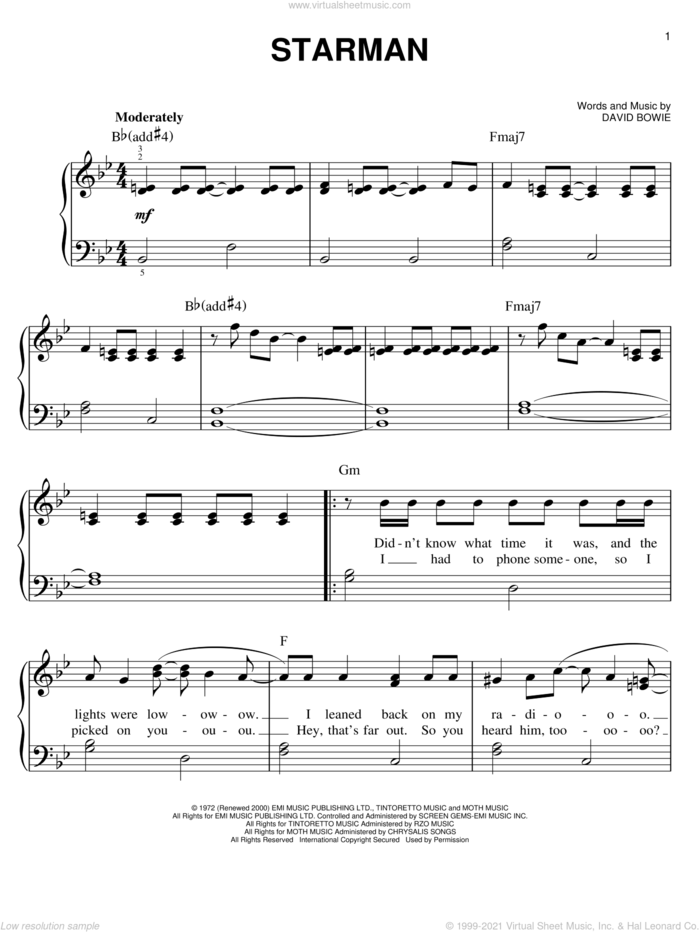 Starman sheet music for piano solo by David Bowie, easy skill level