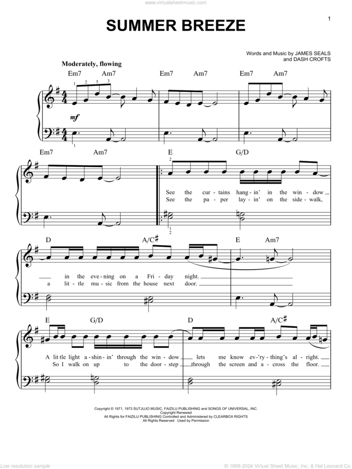 Summer Breeze, (easy) sheet music for piano solo by Seals & Crofts, Dash Crofts and James Seals, easy skill level