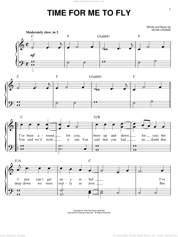 Time For Me To Fly sheet music for piano solo by REO Speedwagon and Kevin Cronin, easy skill level