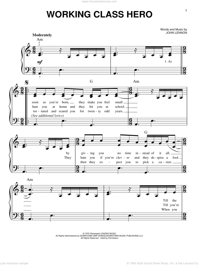 Working Class Hero sheet music for piano solo by John Lennon and Green Day, easy skill level