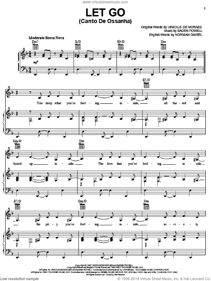 Let Go sheet music for voice, piano or guitar by Vinicius de Moraes, Baden Powell and Norman Gimbel, intermediate skill level