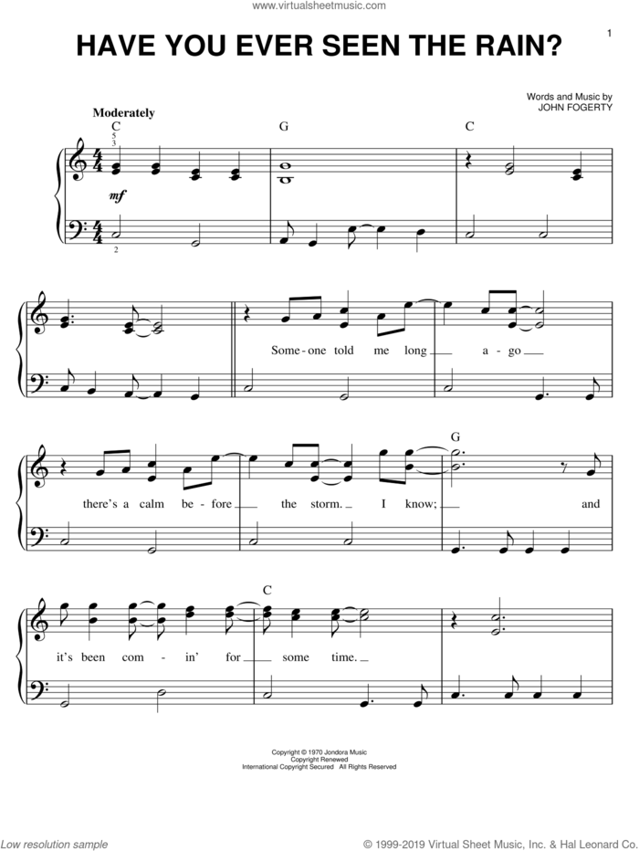 Have You Ever Seen The Rain?, (easy) sheet music for piano solo by Creedence Clearwater Revival and John Fogerty, easy skill level