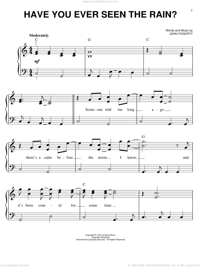 Have You Ever Seen The Rain?, (easy) sheet music for piano solo by Creedence Clearwater Revival and John Fogerty, easy skill level