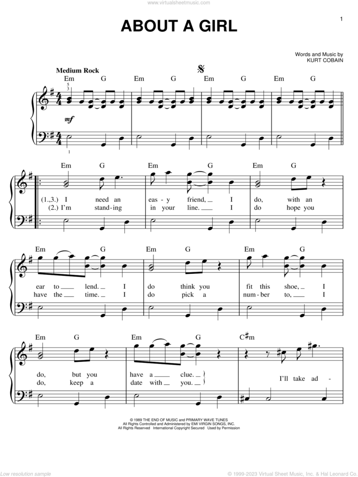 About A Girl sheet music for piano solo by Nirvana and Kurt Cobain, easy skill level