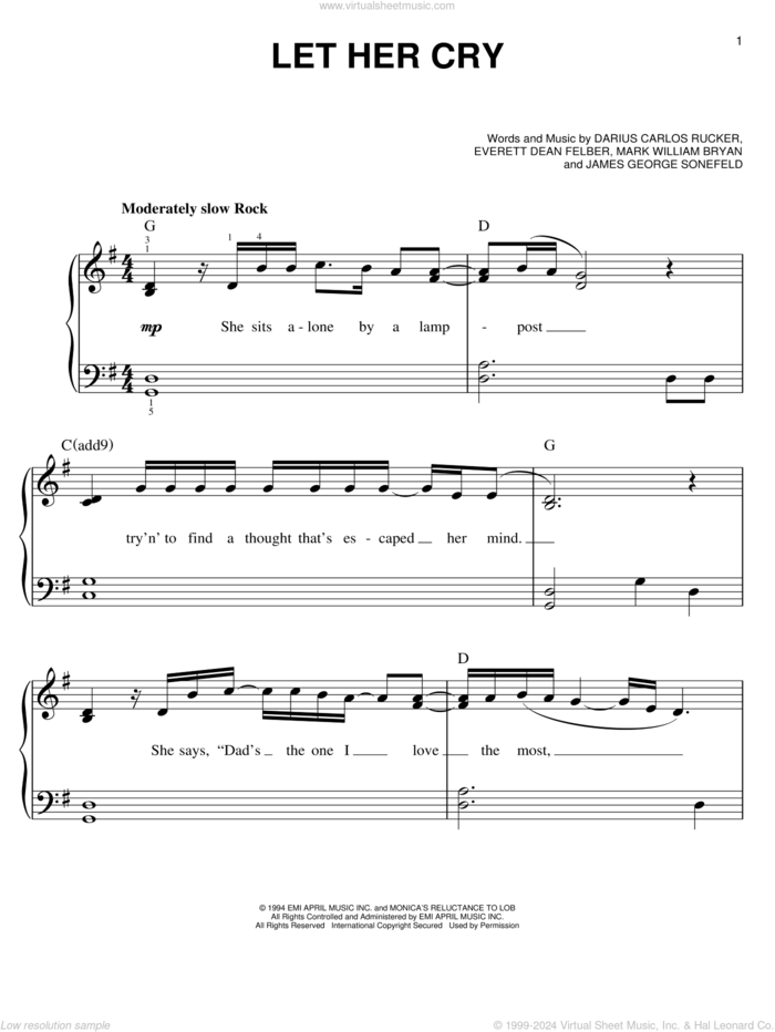 Let Her Cry sheet music for piano solo by Hootie & The Blowfish, Darius Carlos Rucker, Everett Dean Felber, James George Sonefeld and Mark William Bryan, easy skill level