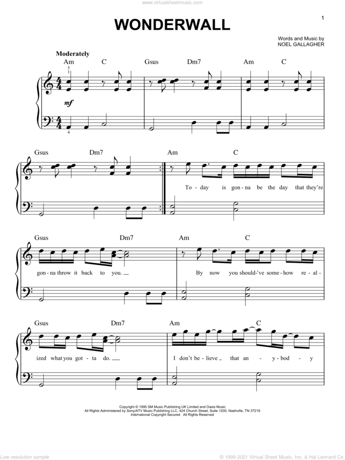 Wonderwall, (easy) sheet music for piano solo by Oasis and Noel Gallagher, easy skill level