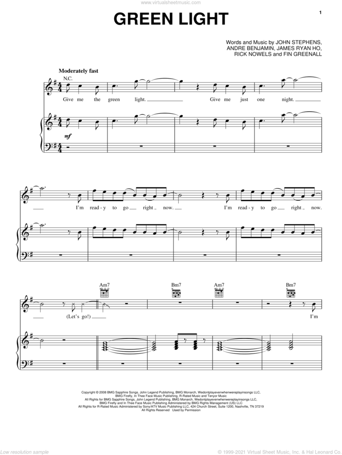 Green Light sheet music for voice, piano or guitar by John Legend, Andre Benjamin, Fin Greenall, James Ho, John Stephens and Rick Knowles, intermediate skill level