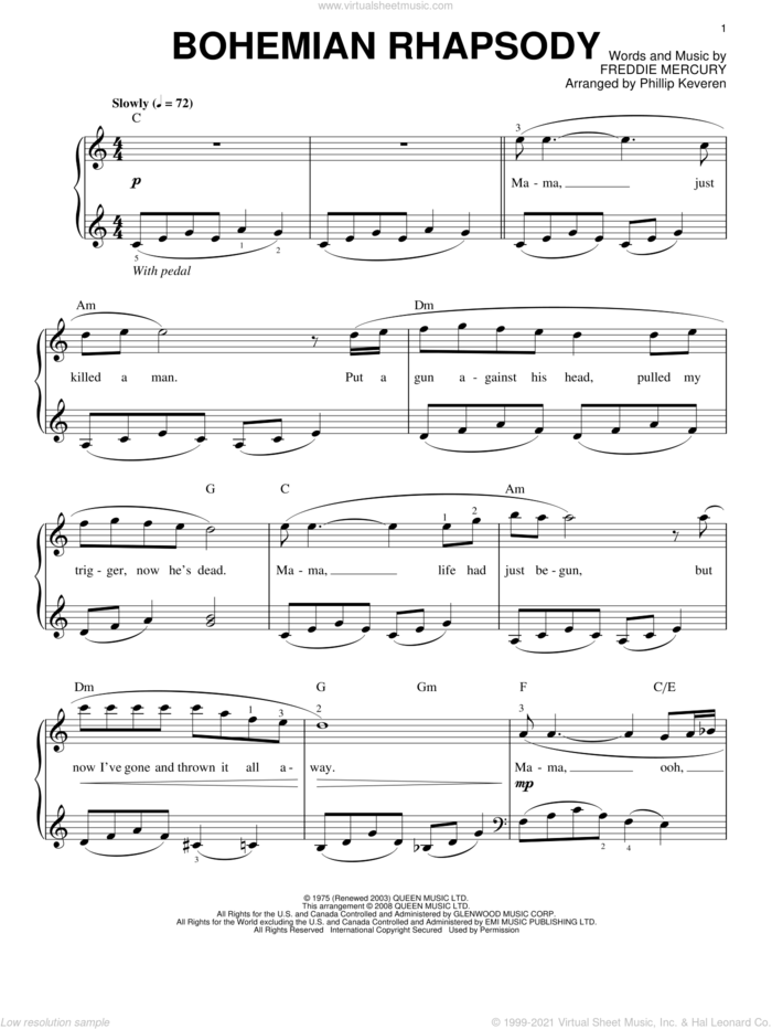 Bohemian Rhapsody (arr. Phillip Keveren) sheet music for piano solo by Queen, Phillip Keveren and Freddie Mercury, easy skill level