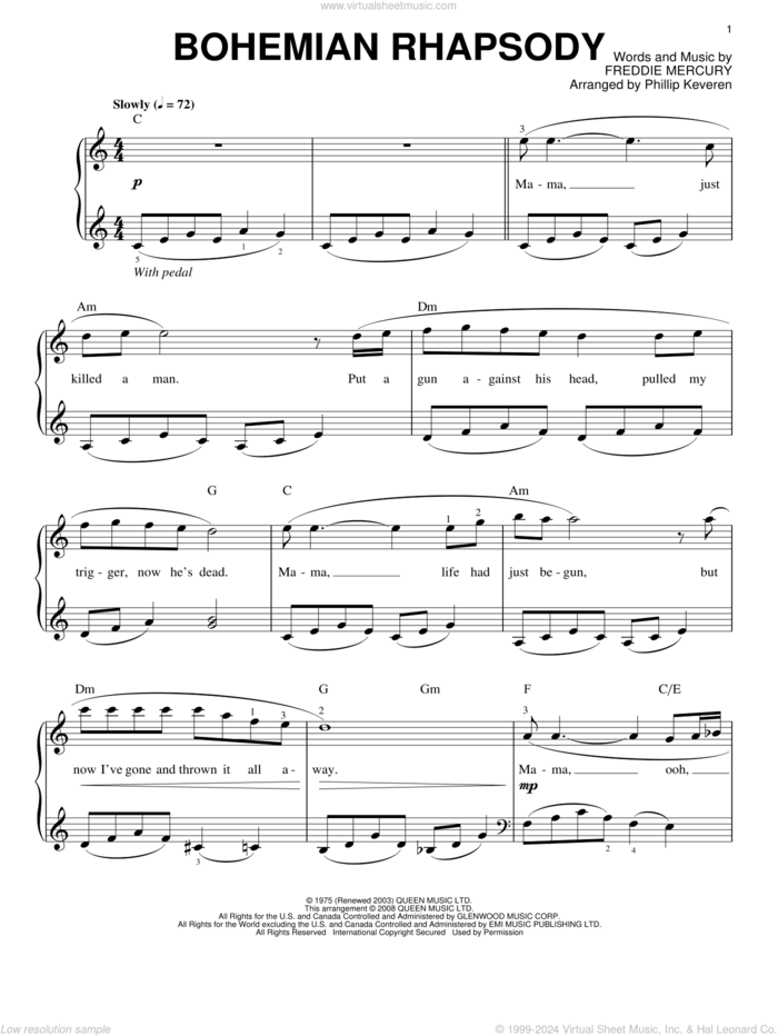 Bohemian Rhapsody (arr. Phillip Keveren) sheet music for piano solo by Queen, Phillip Keveren and Freddie Mercury, easy skill level