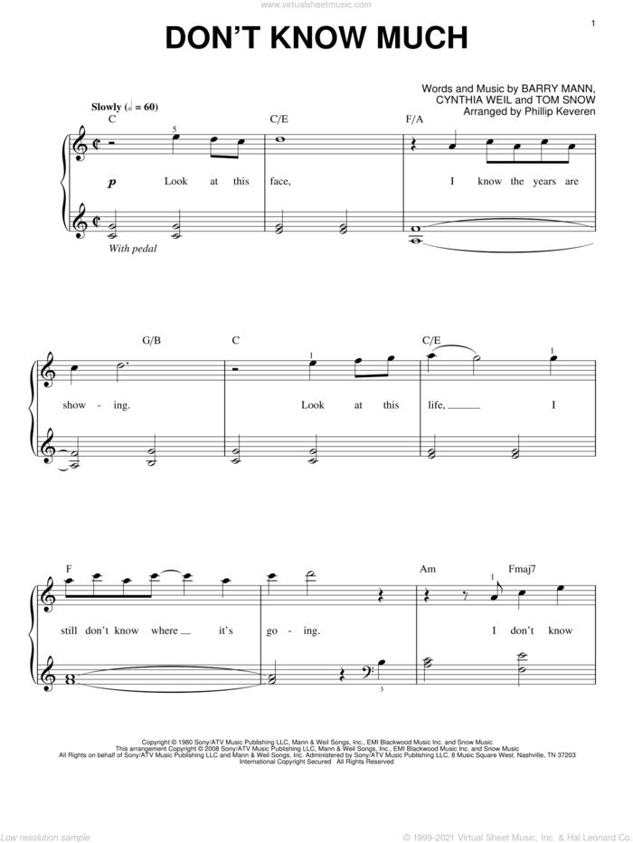 Don't Know Much (arr. Phillip Keveren) sheet music for piano solo by Aaron Neville and Linda Ronstadt, Phillip Keveren, Aaron Neville, Linda Ronstadt, Linda Ronstadt and Aaron Neville, Barry Mann, Cynthia Weil and Tom Snow, wedding score, easy skill level