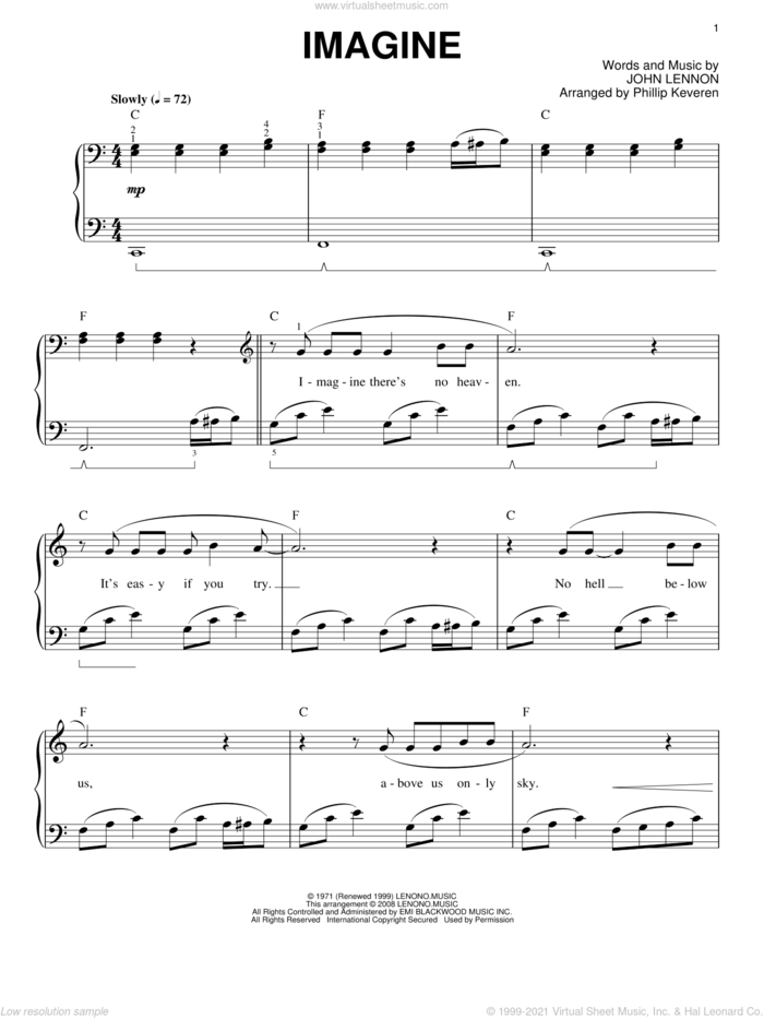 Imagine (arr. Phillip Keveren) sheet music for piano solo by John Lennon and Phillip Keveren, intermediate skill level