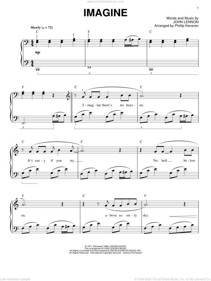 Imagine (arr. Phillip Keveren) sheet music for piano solo by John Lennon and Phillip Keveren, intermediate skill level