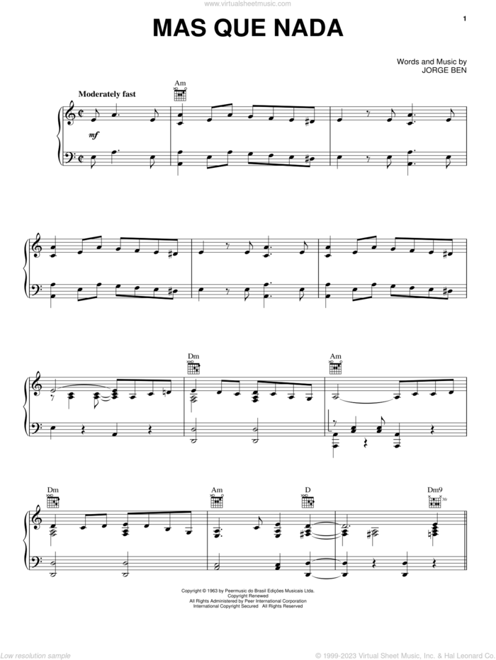Mas Que Nada sheet music for voice, piano or guitar by Sergio Mendes and Jorge Ben, intermediate skill level
