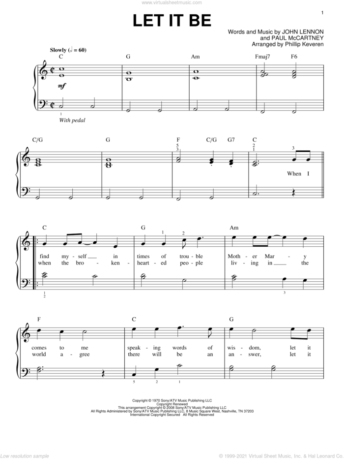 Let It Be (arr. Phillip Keveren), (easy) (arr. Phillip Keveren) sheet music for piano solo by The Beatles, Phillip Keveren, John Lennon and Paul McCartney, easy skill level