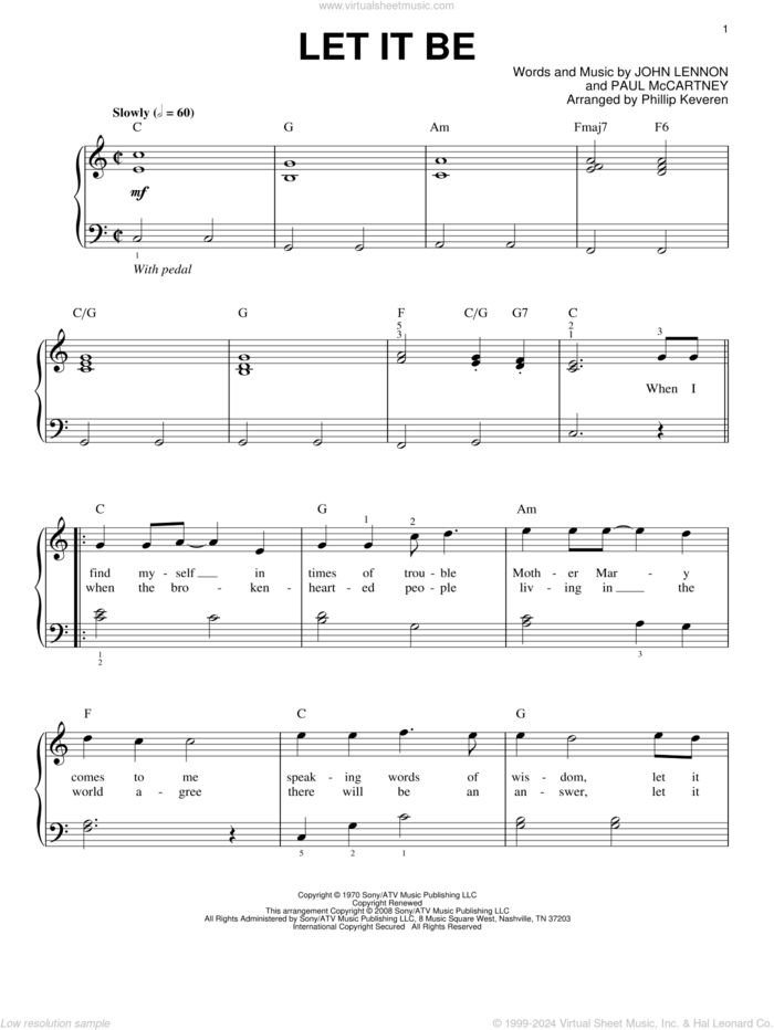 Let It Be (arr. Phillip Keveren), (easy) (arr. Phillip Keveren) sheet music for piano solo by The Beatles, Phillip Keveren, John Lennon and Paul McCartney, easy skill level