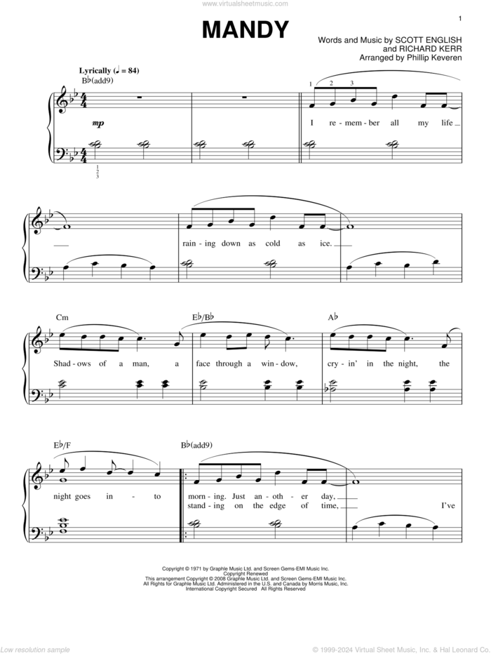 Mandy (arr. Phillip Keveren) sheet music for piano solo by Barry Manilow, Phillip Keveren, Richard Kerr and Scott English, intermediate skill level