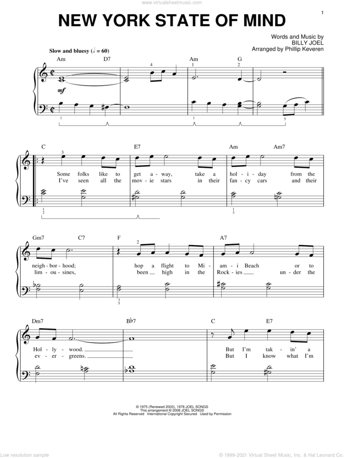 New York State Of Mind (arr. Phillip Keveren) sheet music for piano solo by Billy Joel and Phillip Keveren, easy skill level