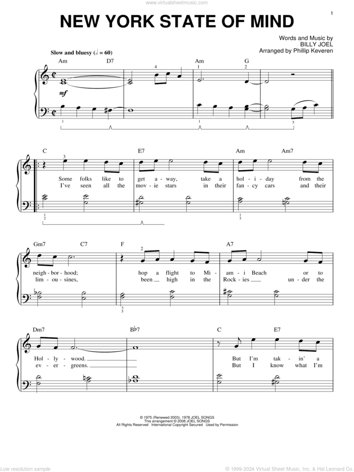 New York State Of Mind (arr. Phillip Keveren) sheet music for piano solo by Billy Joel and Phillip Keveren, easy skill level