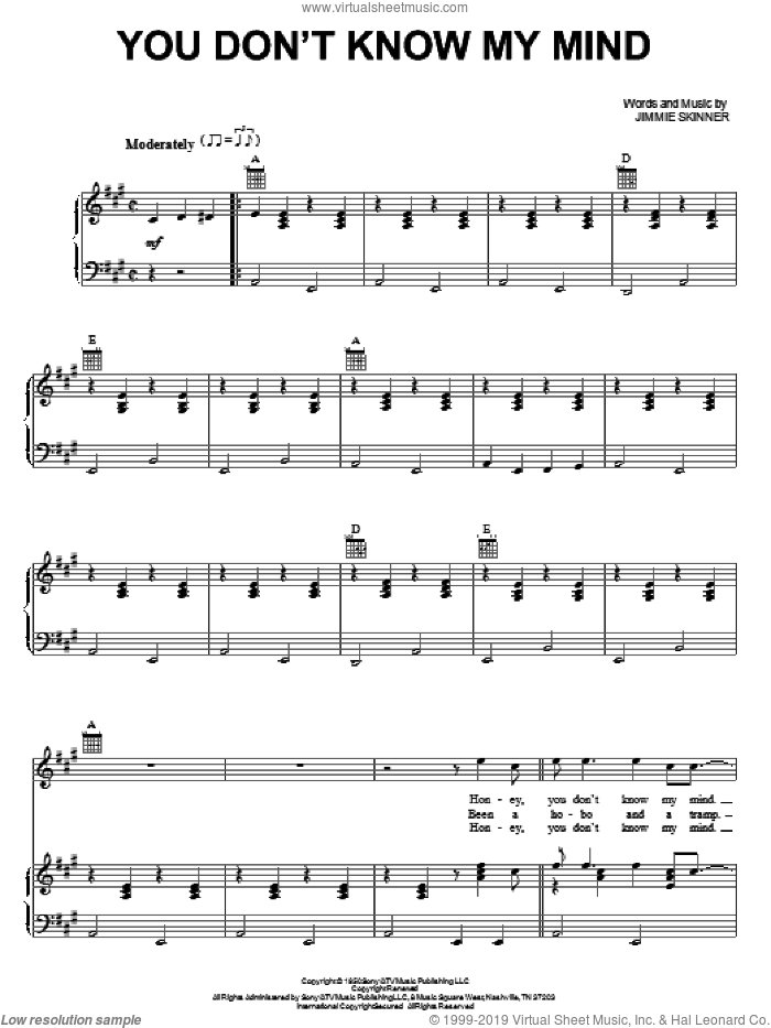 You Don't Know My Mind sheet music for voice, piano or guitar by Jimmie Skinner, intermediate skill level