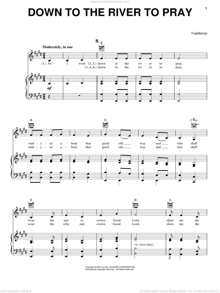 Down To The River To Pray sheet music for voice, piano or guitar, intermediate skill level