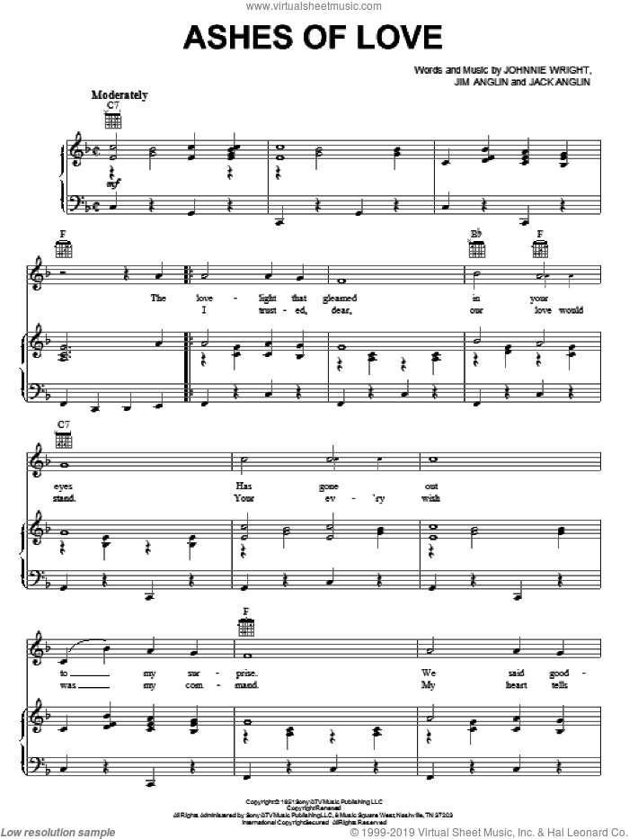 Ashes Of Love sheet music for voice, piano or guitar by Johnnie & Jack, Jack Anglin, Jim Anglin and Johnnie Wright, intermediate skill level