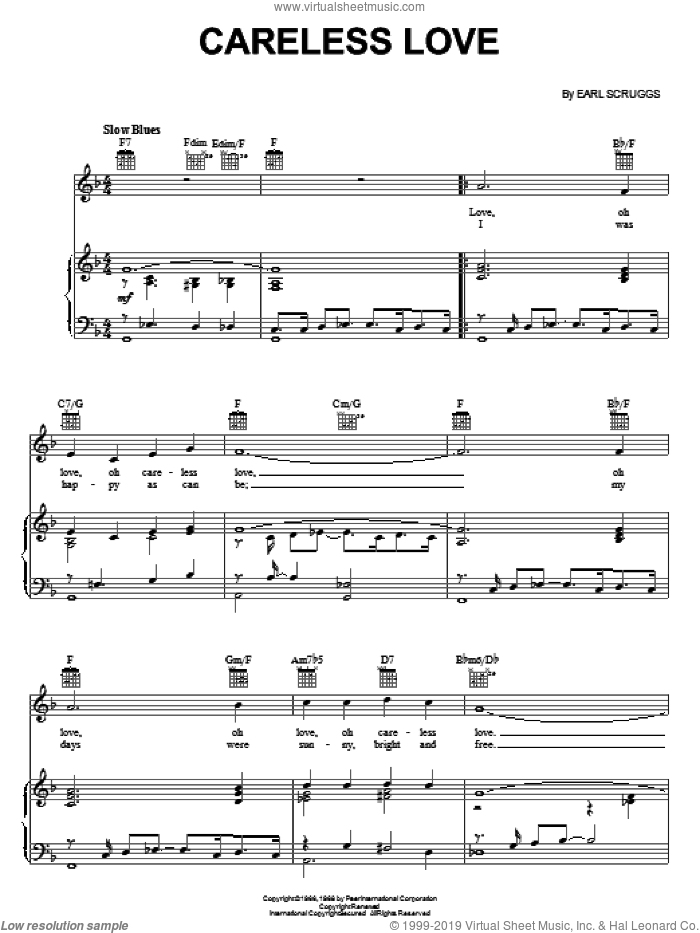 Careless Love sheet music for voice, piano or guitar by Flatt & Scruggs and Earl Scruggs, intermediate skill level