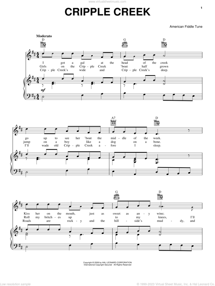 Cripple Creek sheet music for voice, piano or guitar, intermediate skill level