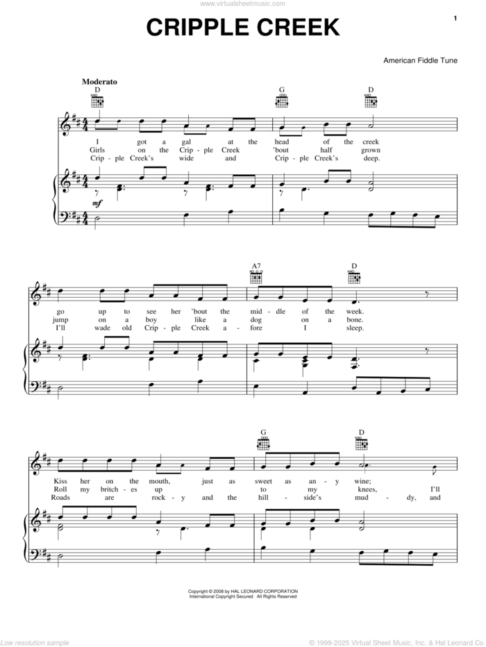 Cripple Creek sheet music for voice, piano or guitar, intermediate skill level