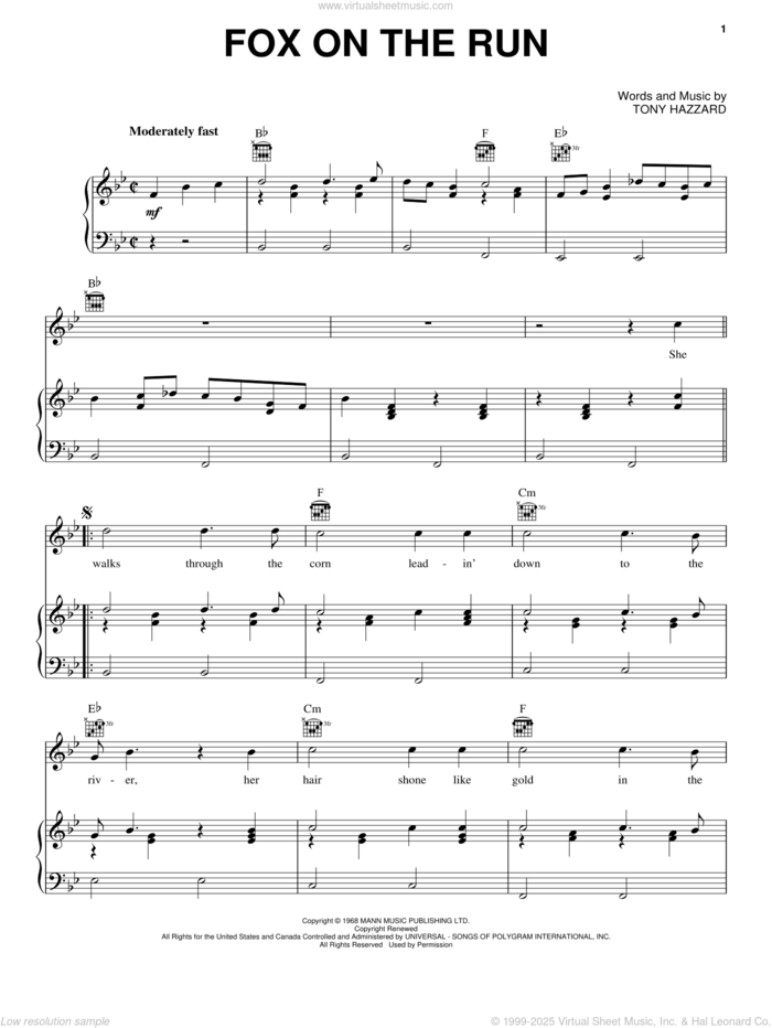 Fox On The Run sheet music for voice, piano or guitar by Tony Hazzard, intermediate skill level