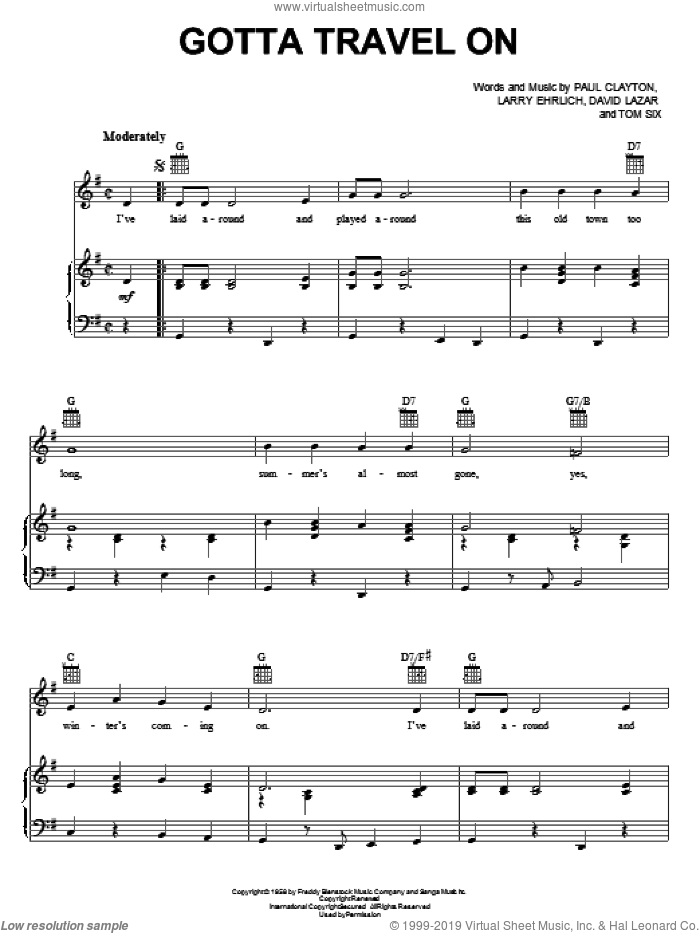 Gotta Travel On sheet music for voice, piano or guitar by Billy Grammer, Bill Monroe, Jerry Lee Lewis, David Lazar, Larry Ehrlich, Paul Clayton and Tom Six, intermediate skill level