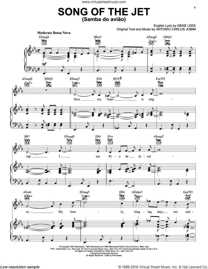Song Of The Jet (Samba do Aviao) sheet music for voice, piano or guitar by Antonio Carlos Jobim and Eugene John Lees, intermediate skill level