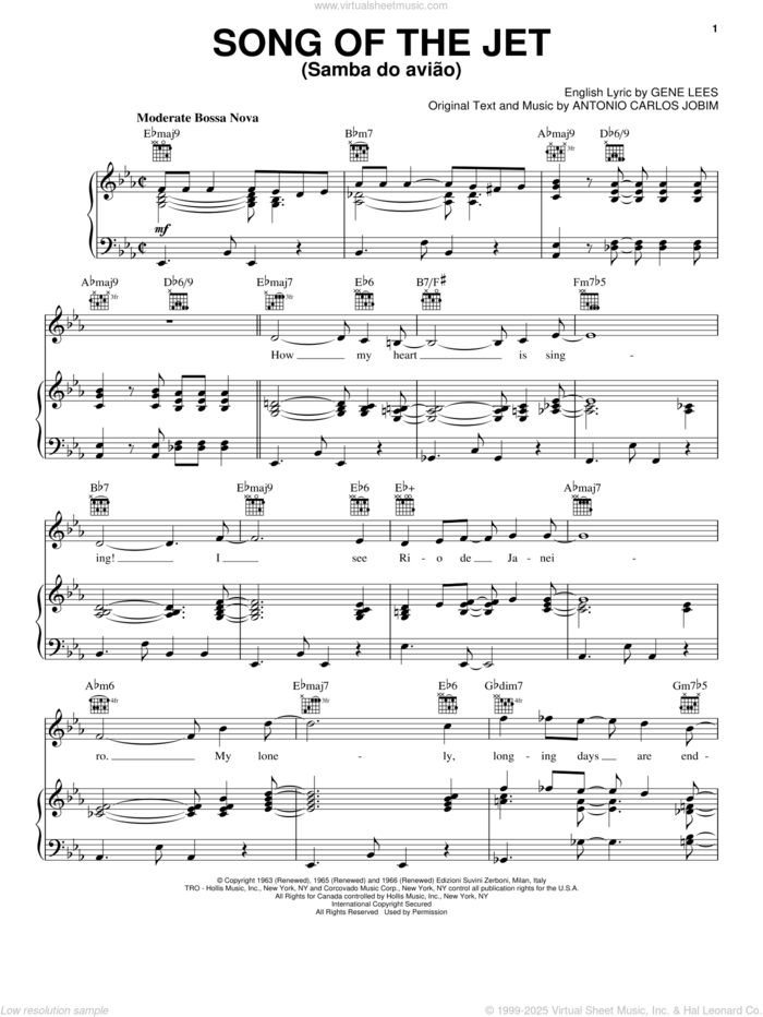 Song Of The Jet (Samba do Aviao) sheet music for voice, piano or guitar by Antonio Carlos Jobim and Eugene John Lees, intermediate skill level