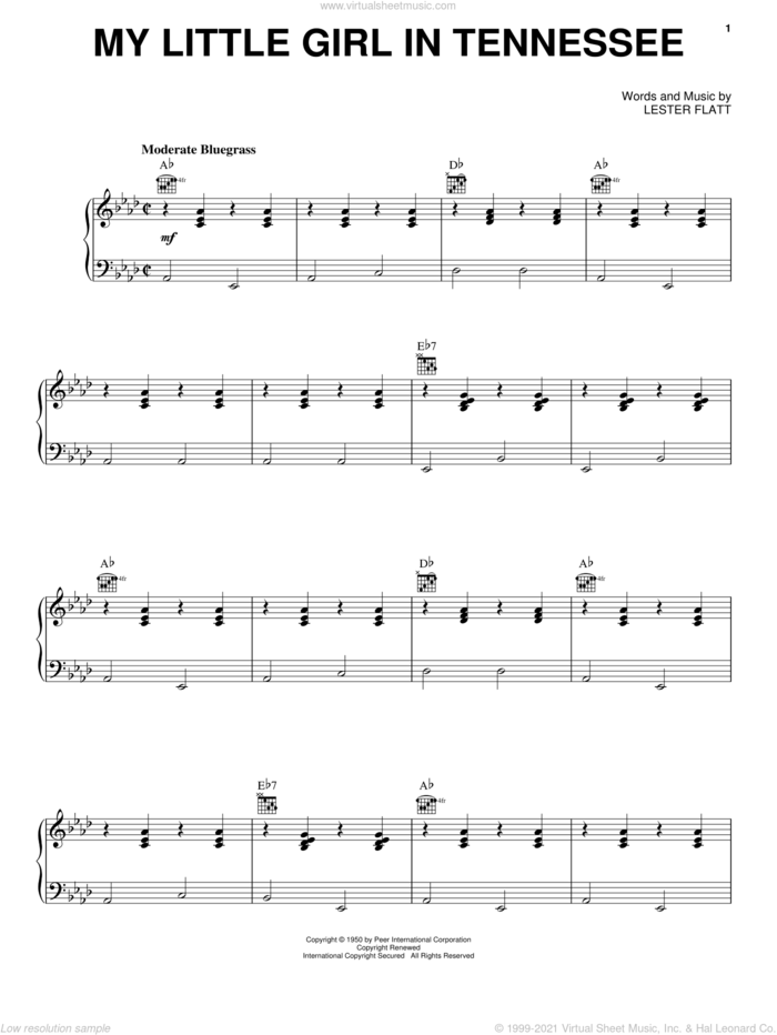 My Little Girl In Tennessee sheet music for voice, piano or guitar by Flatt & Scruggs and Lester Flatt, intermediate skill level