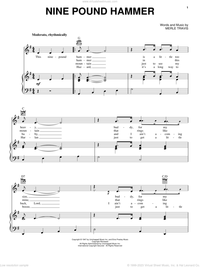 Nine Pound Hammer sheet music for voice, piano or guitar by Merle Travis, intermediate skill level
