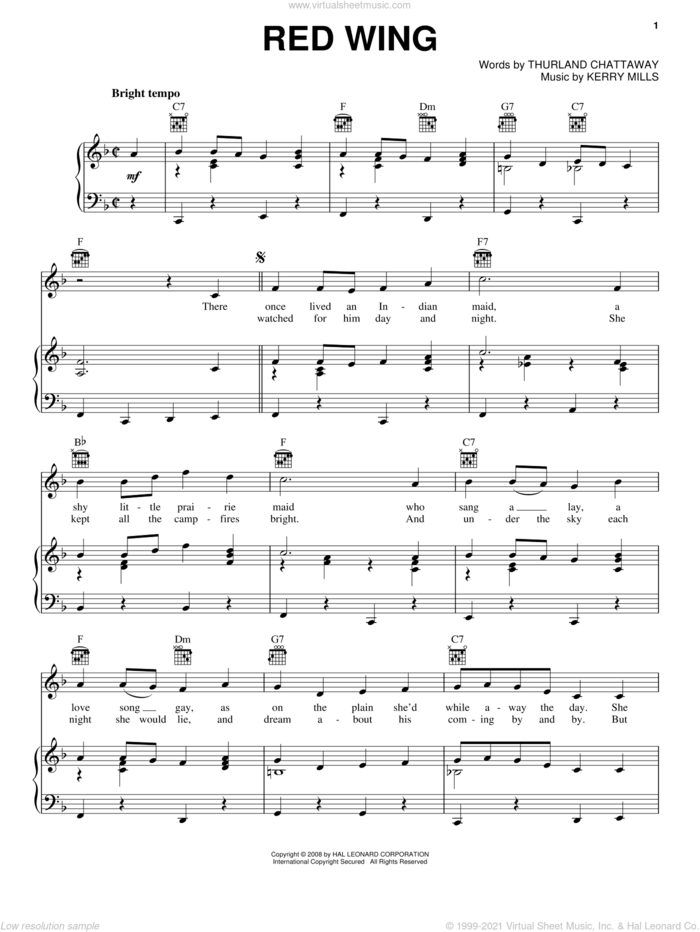 Red Wing sheet music for voice, piano or guitar by Thurland Chattaway and Kerry Mills, intermediate skill level
