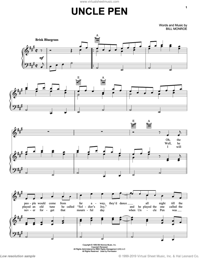 Uncle Pen sheet music for voice, piano or guitar by Bill Monroe, intermediate skill level