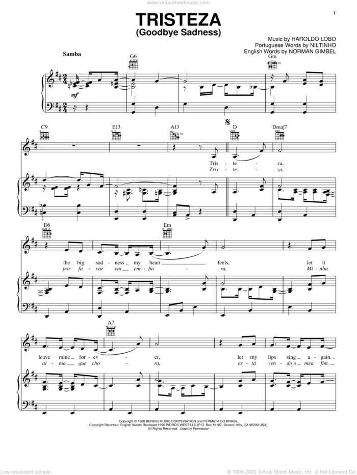 Tristeza (Goodbye Sadness) sheet music for voice, piano or guitar by Niltinho, Haroldo Lobo and Norman Gimbel, intermediate skill level