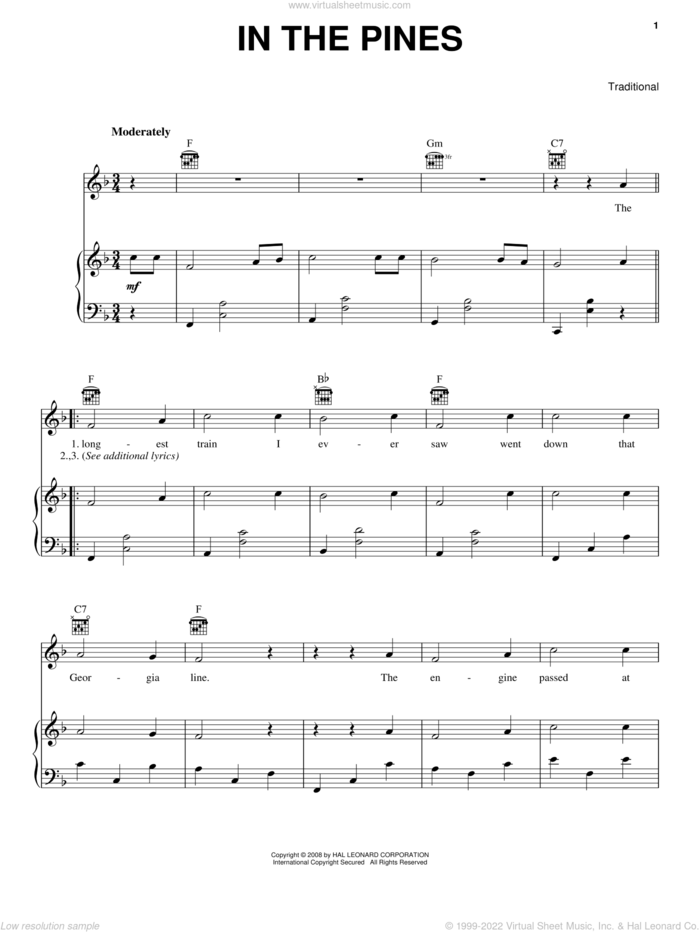 In The Pines sheet music for voice, piano or guitar, intermediate skill level