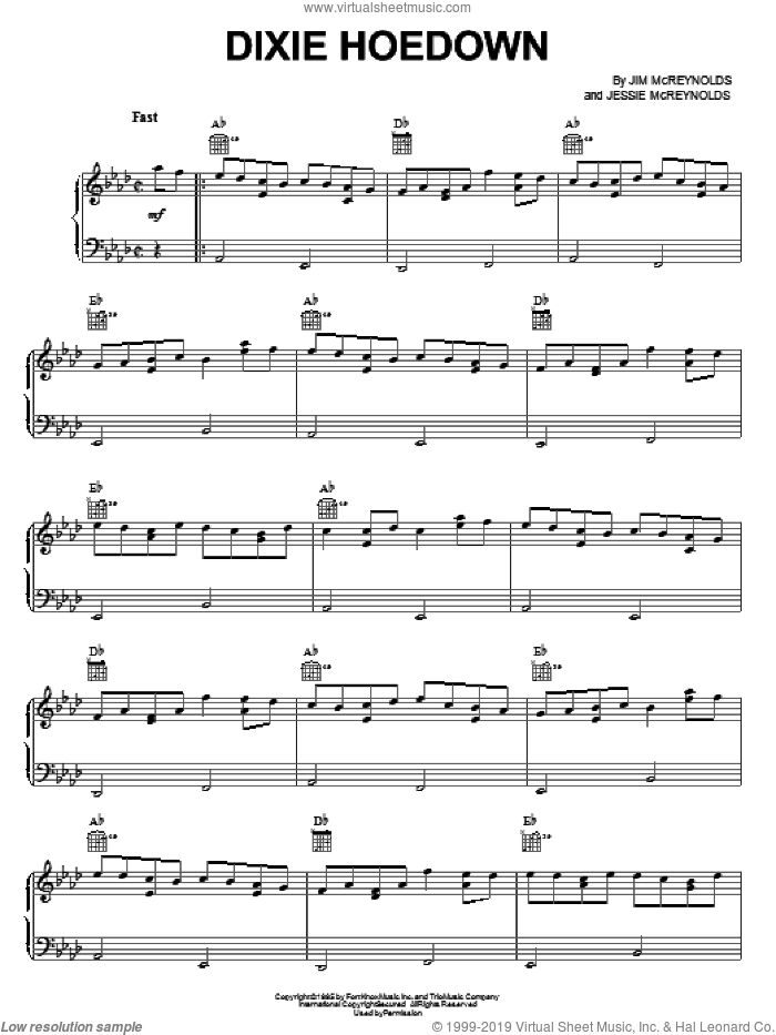 Dixie Hoedown sheet music for piano solo by Jim & Jessie, Jessie McReynolds and Jim McReynolds, intermediate skill level