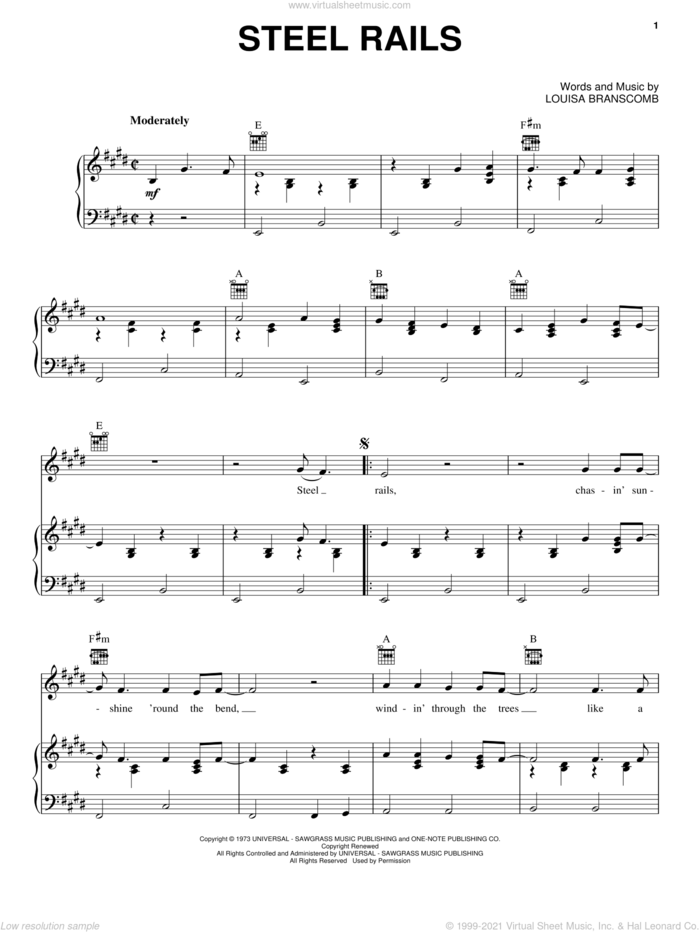 Steel Rails sheet music for voice, piano or guitar by Louisa Branscomb, intermediate skill level