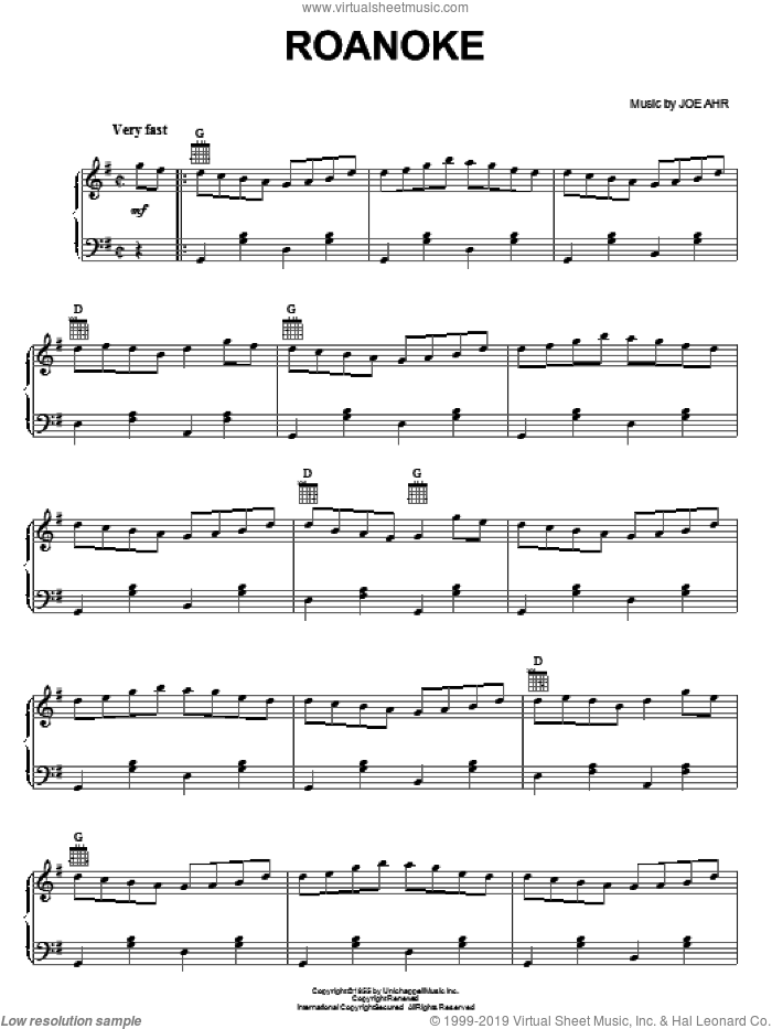 Roanoke sheet music for piano solo by Bill Monroe and Joe Ahr, intermediate skill level