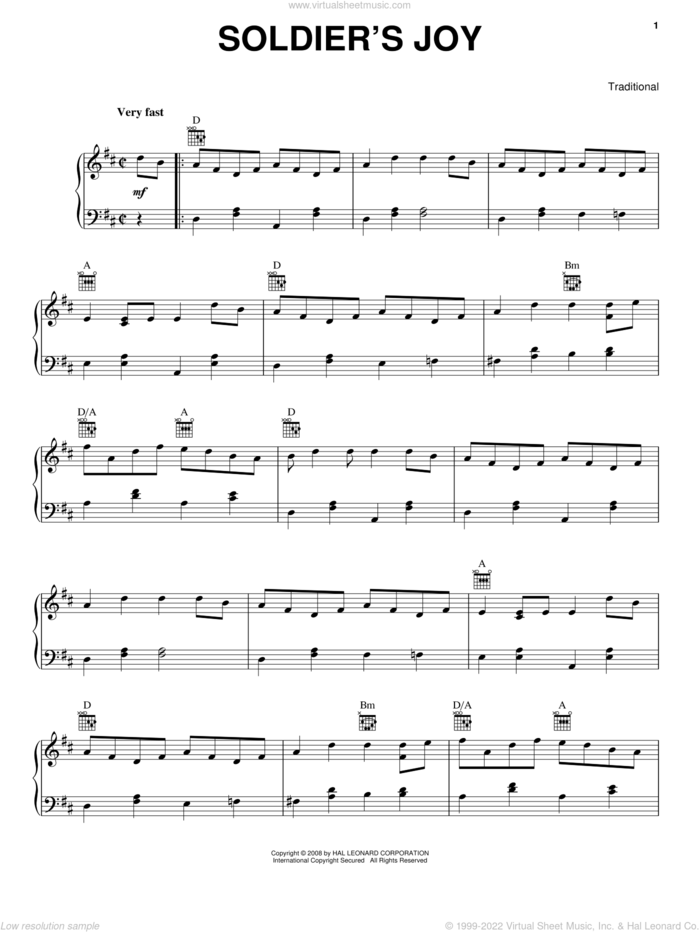Soldier's Joy sheet music for piano solo, intermediate skill level