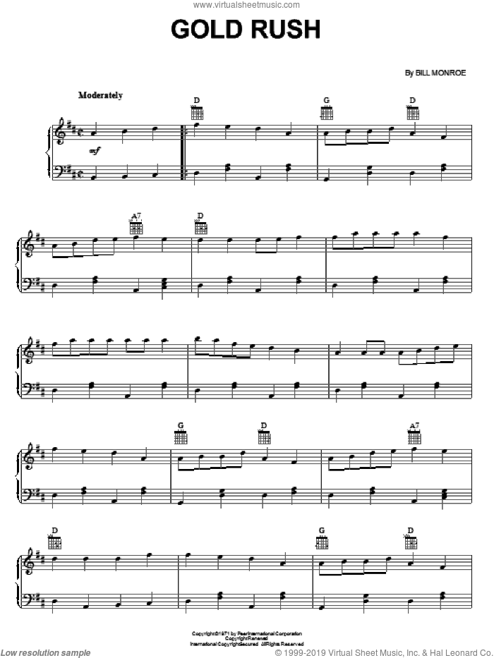 Gold Rush sheet music for piano solo by Bill Monroe, intermediate skill level