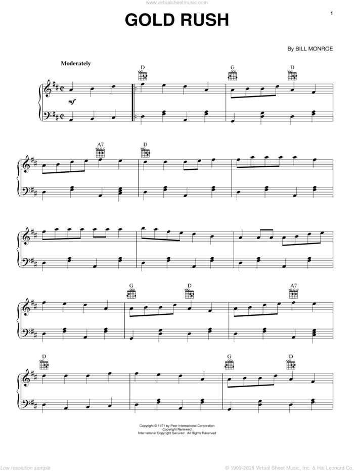 Gold Rush sheet music for piano solo by Bill Monroe, intermediate skill level