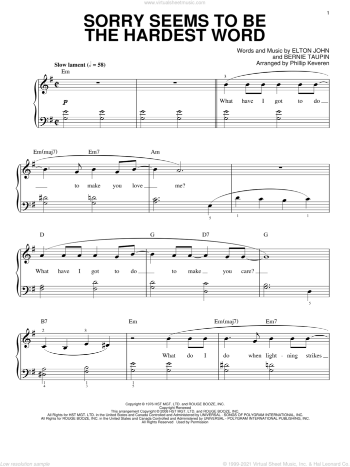 Sorry Seems To Be The Hardest Word (arr. Phillip Keveren) sheet music for piano solo by Elton John, Phillip Keveren and Bernie Taupin, intermediate skill level