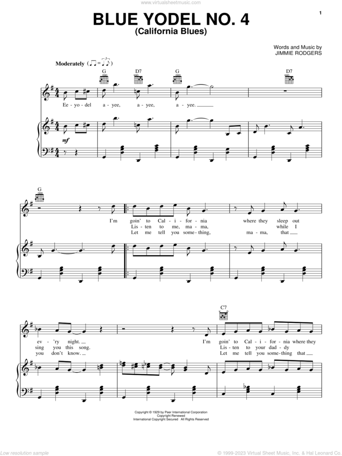 Blue Yodel No. 4 (California Blues) sheet music for voice, piano or guitar by Jimmie Rodgers, intermediate skill level