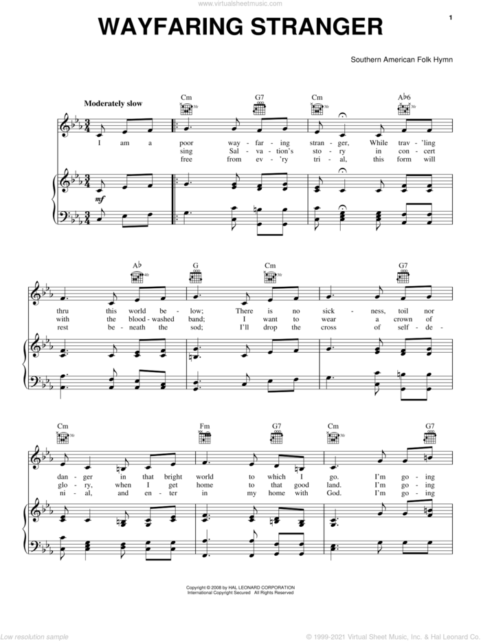 Wayfaring Stranger sheet music for voice, piano or guitar  and Emmylou Harris, intermediate skill level