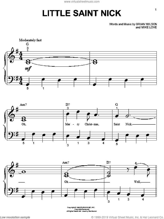 Little Saint Nick sheet music for piano solo (big note book) by The Beach Boys, Brian Wilson and Mike Love, easy piano (big note book)