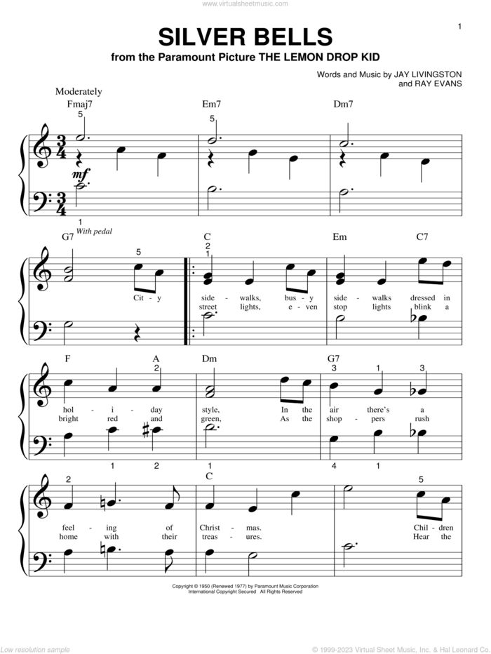 Silver Bells (arr. Carol Matz) sheet music for piano solo (big note book) by Jay Livingston and Ray Evans, easy piano (big note book)