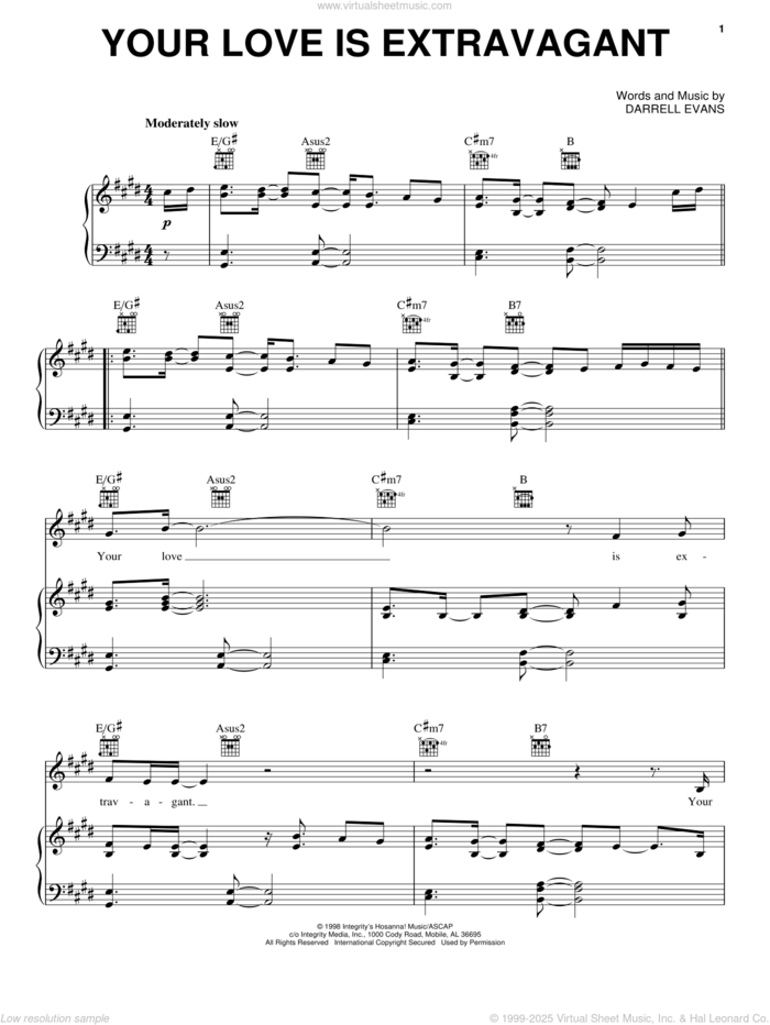 Your Love Is Extravagant sheet music for voice, piano or guitar by Casting Crowns and Darrell Evans, intermediate skill level